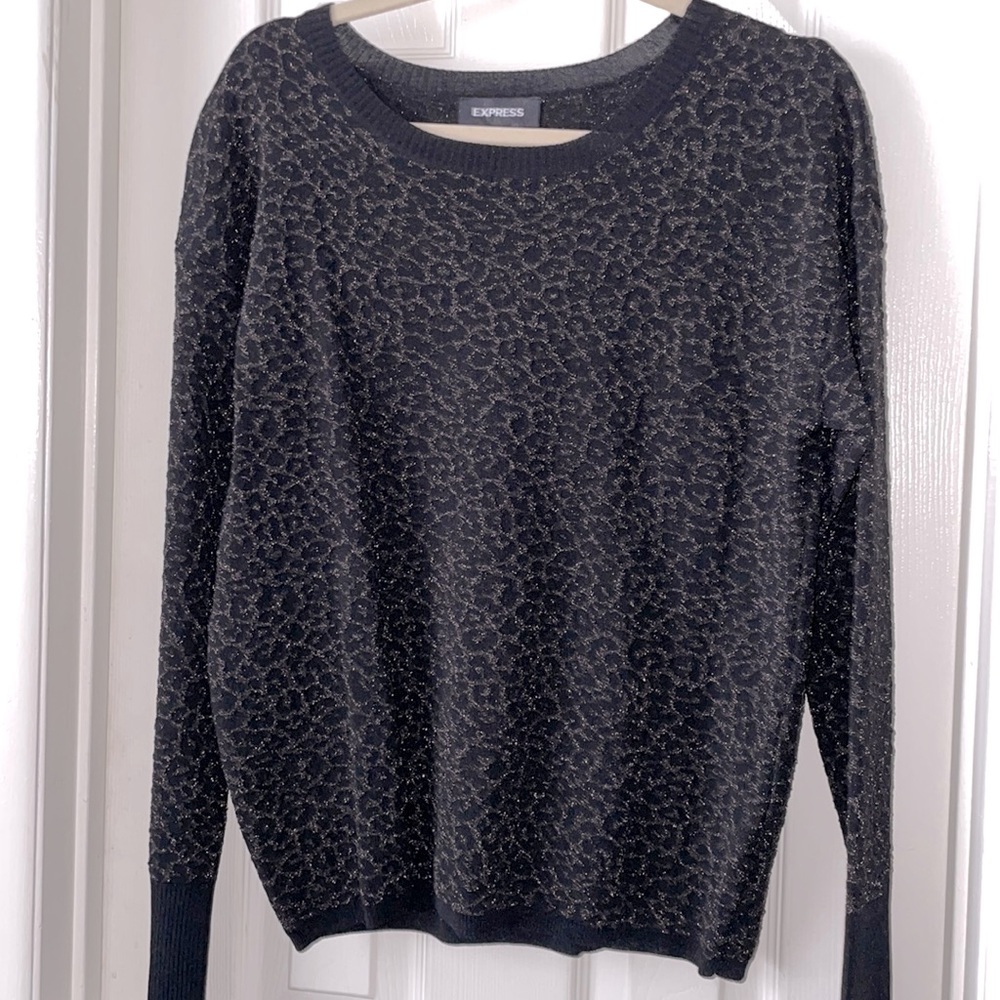 Express black sparkly animal print metallic crew neck sweater brand new size L